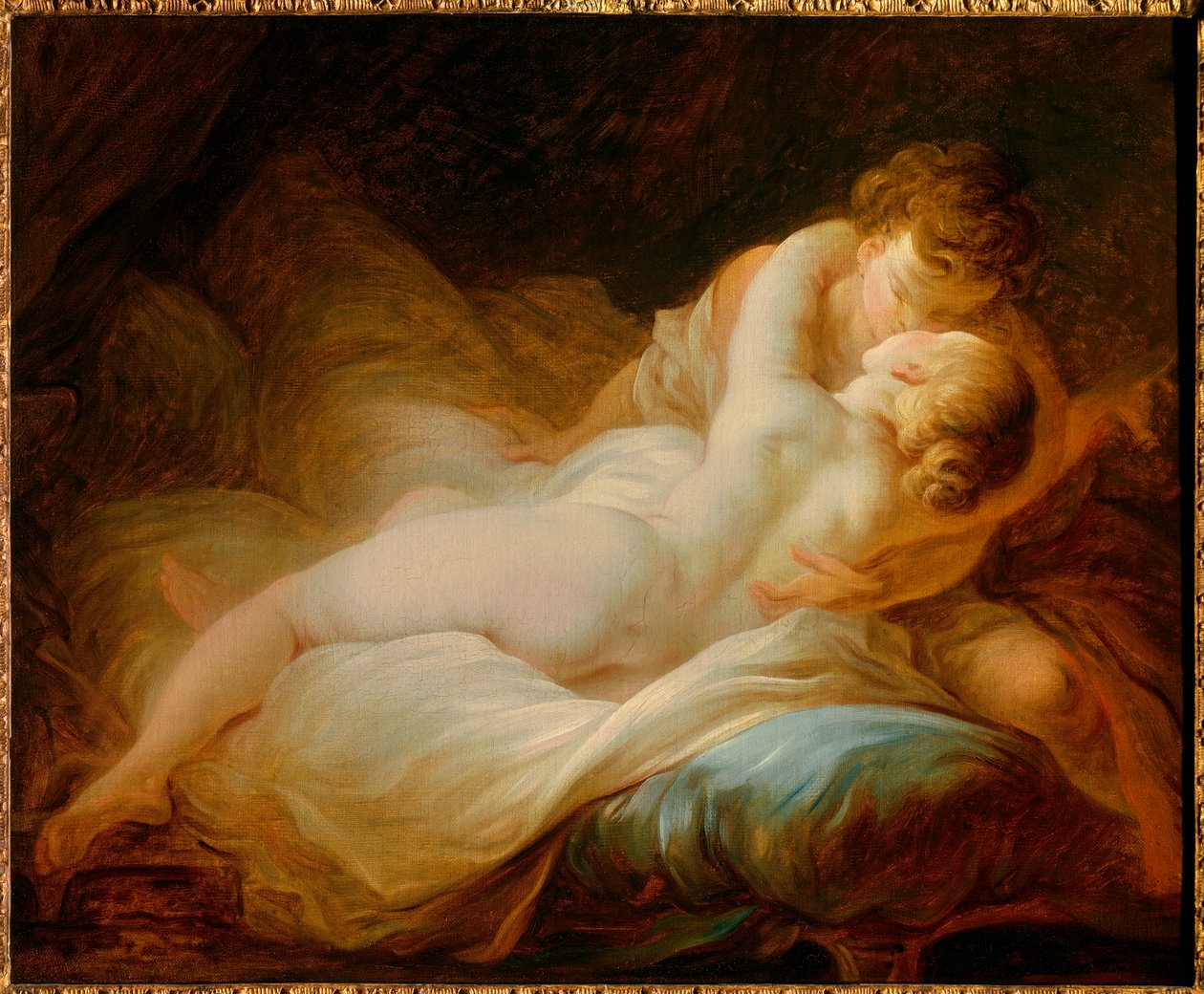 Erotikk: "" øyeblikket begjærer""" eller "" lykkelige elskere""" Et par som kysser i en seng. Maleri av Jean Honore Fragonard (1732-1806) 1700-tallet. Privat samling av Jean Honore Fragonard