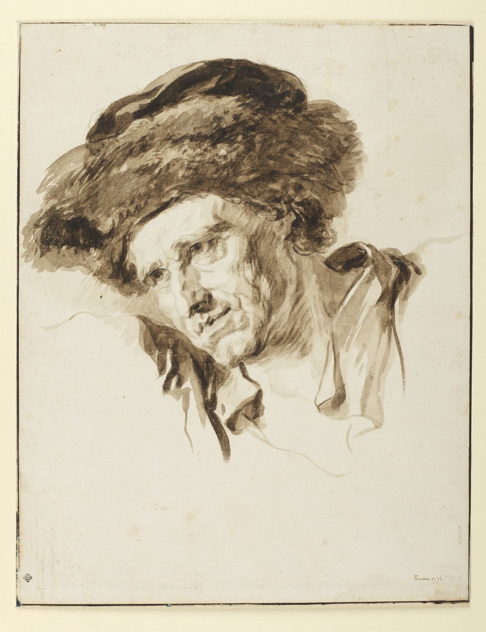 Hodet til en mann med pelshatt, 1774 (penn og blekk, vask og grafitt på papir) av Jean Honore Fragonard