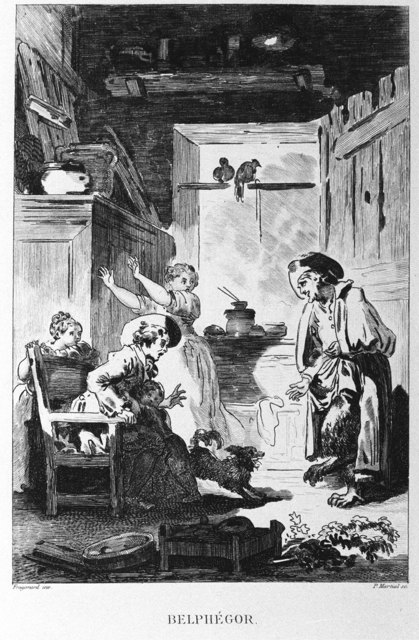 Illustrasjon av Jean Honore Fragonard (1732-1806) for fabelen av Jean de la Fontaine (1621-1695) "" Belphegor"". Gravering. av Jean Honore Fragonard