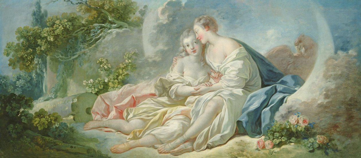 Jupiter forkledd som Diana prøver å forføre Callisto, ca. 1753 av Jean Honore Fragonard