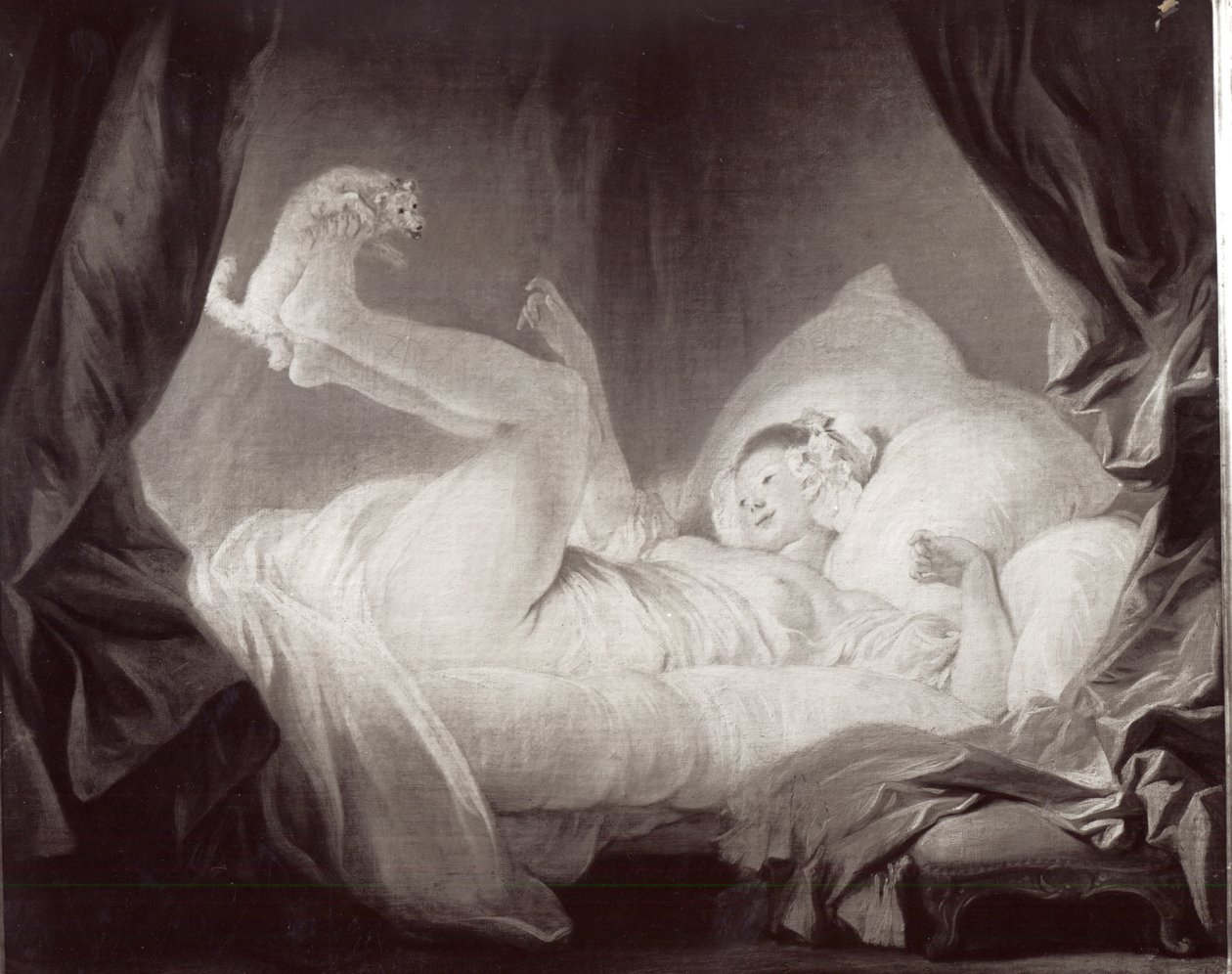 La Gimblette eller ung jente som får hunden til å danse på sengen hennes (olje på lerret) (s/hvitt-bilde) av Jean Honore Fragonard