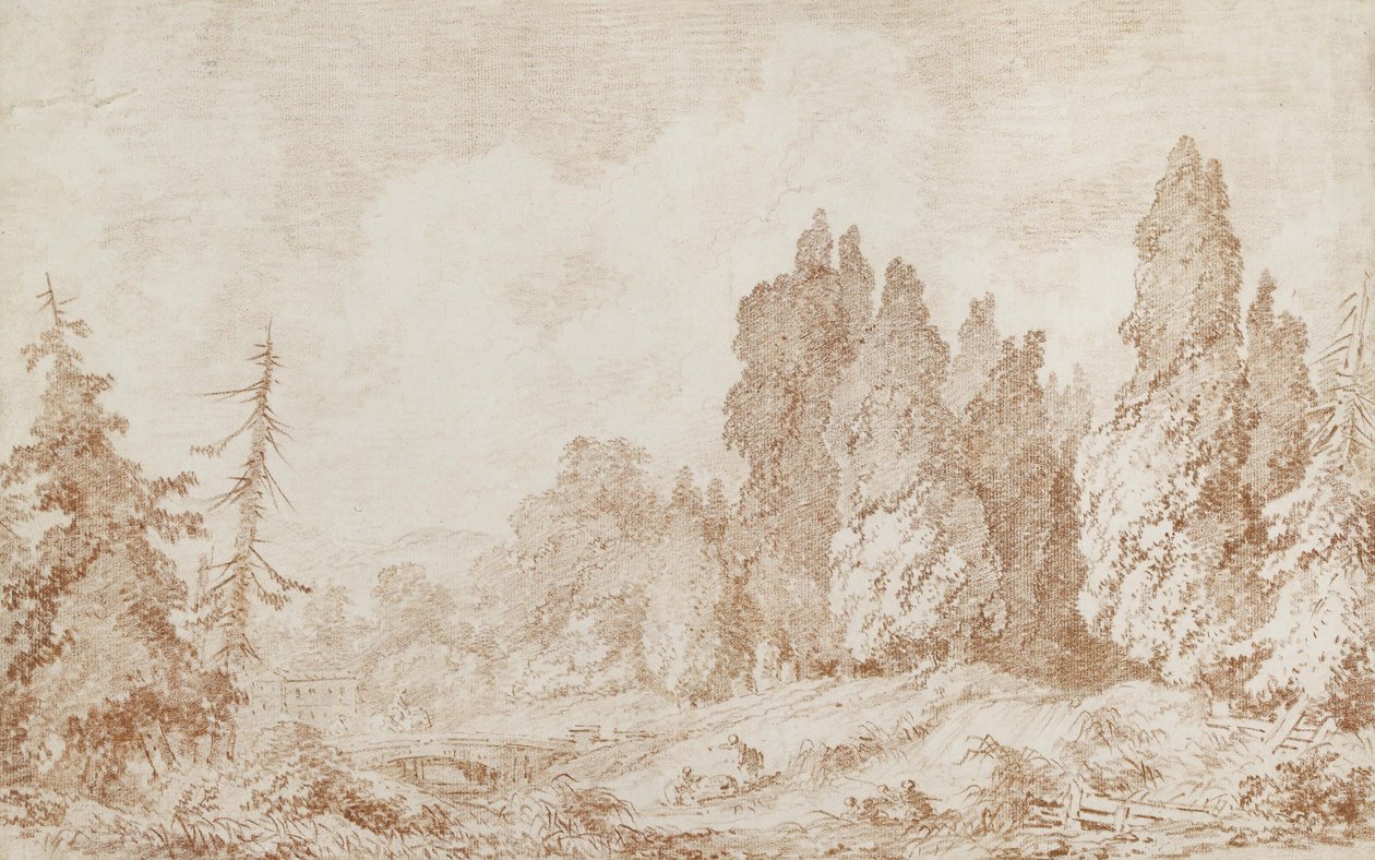 Landskap med en bro, ca. 1760 (rødt kritt på off-white papir) av Jean Honore Fragonard