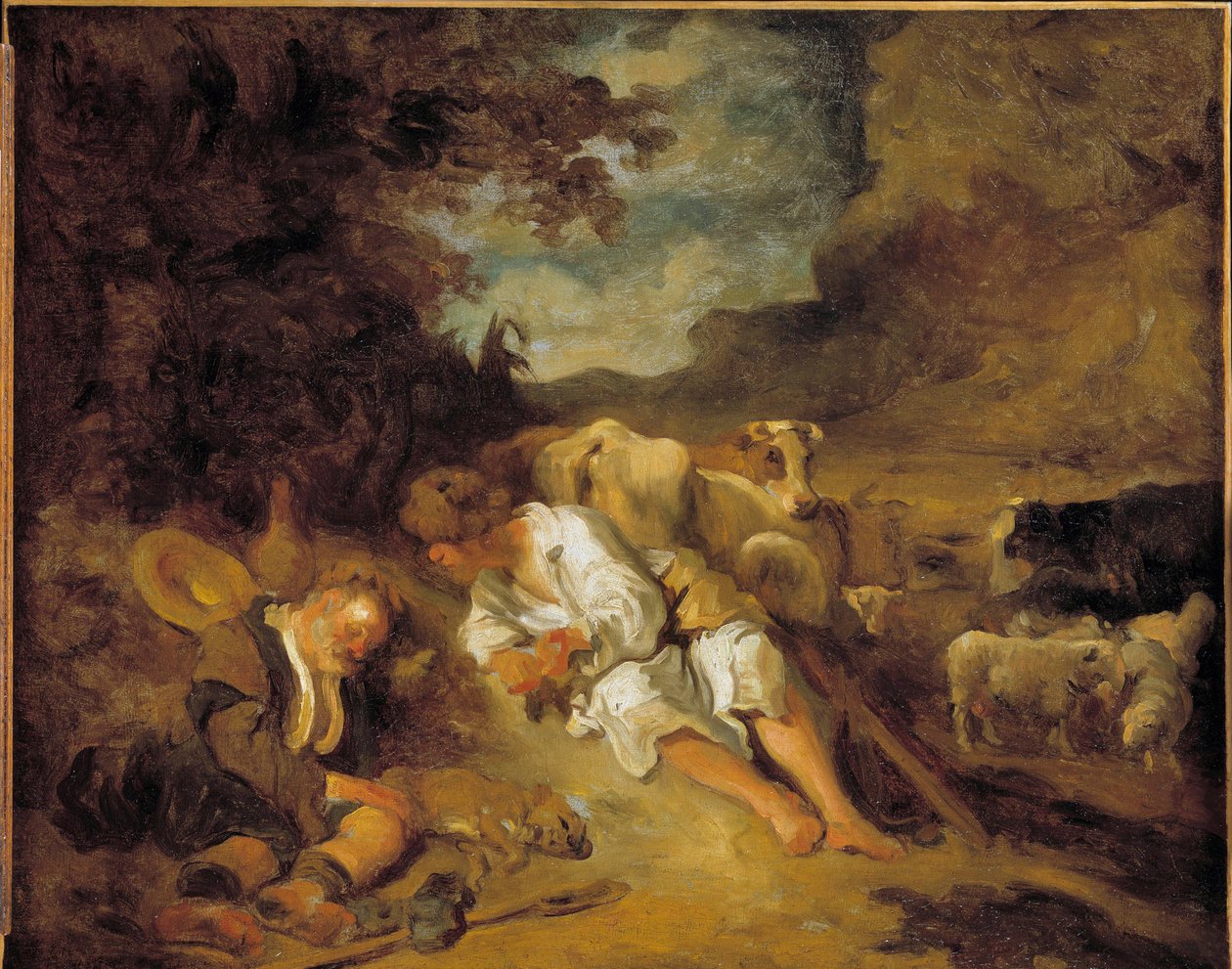 Mercury og Argus Charge av Juno for å holde Io forvandlet til en ku, Argus (Argos) sovnet. Forkledd som en hyrde, forkynner Mercury for å drepe ham for å befri Jupiters elskede nymfe. Maleri av Jean Honore Fragonard (1732-1806) etter Karel Fabritius (1622- av Jean Honore Fragonard