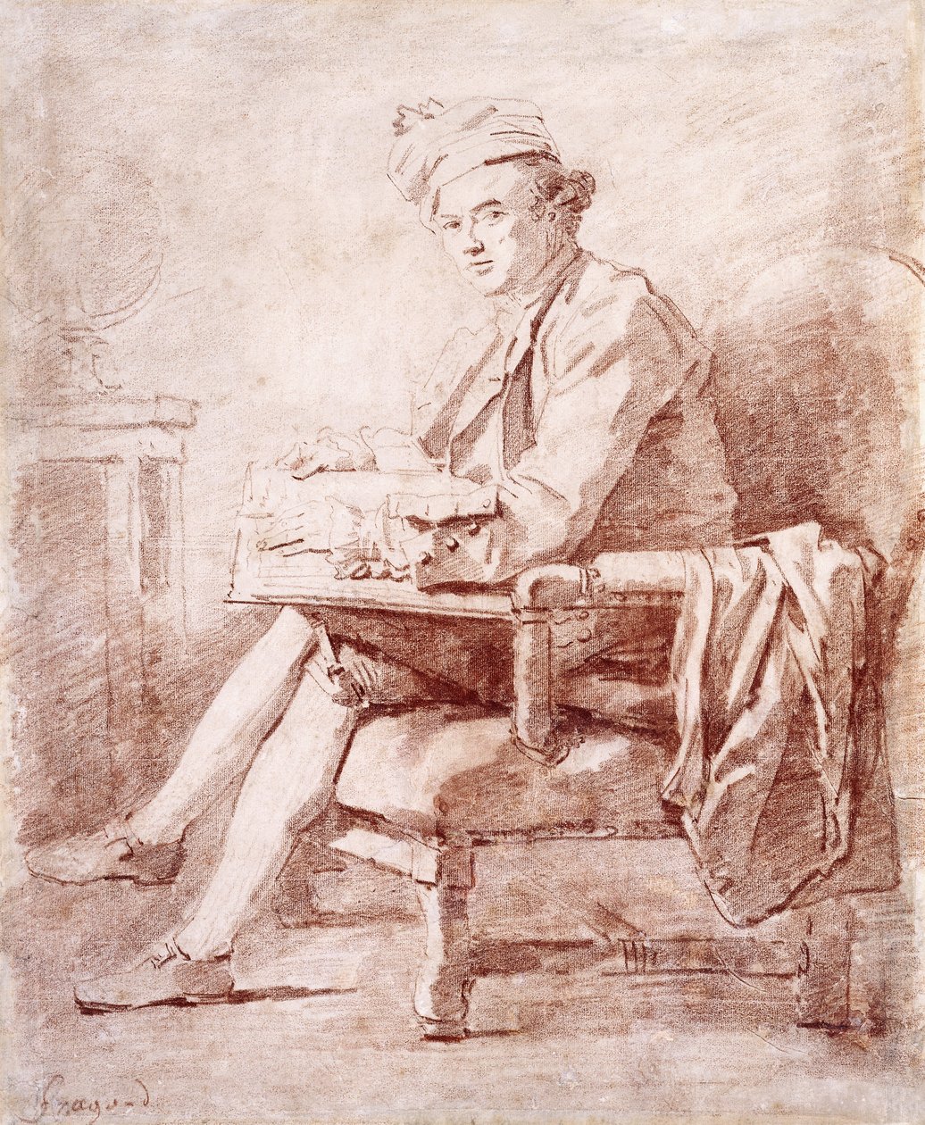 Portrett av Joseph-Jerome Le Francais de Lalande, i full lengde, sittende, i profil til venstre, med en bok, en globus hvilende på et bord til venstre, av Jean Honore Fragonard