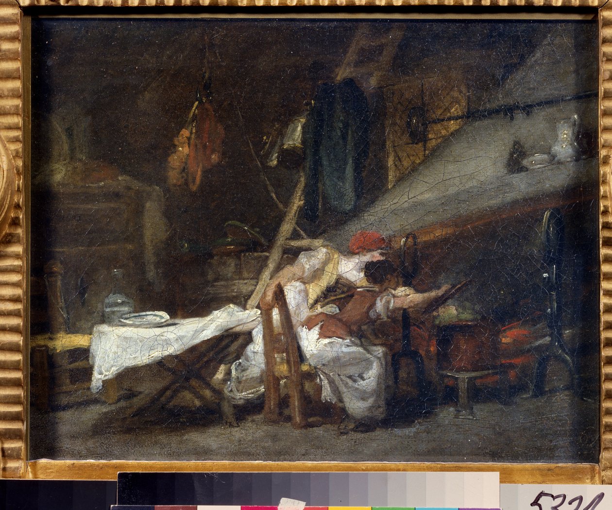 ""Pres du poele"" (Ved komfyren) Scene på et kjøkken, nær komfyren, ser kokker på tilberedningen av en rett i en gryte. Maleri av Jean Honore Fragonard (1732-1806). Olje på lerret. Rokokko. Pushkin-museet, Moskva av Jean Honore Fragonard