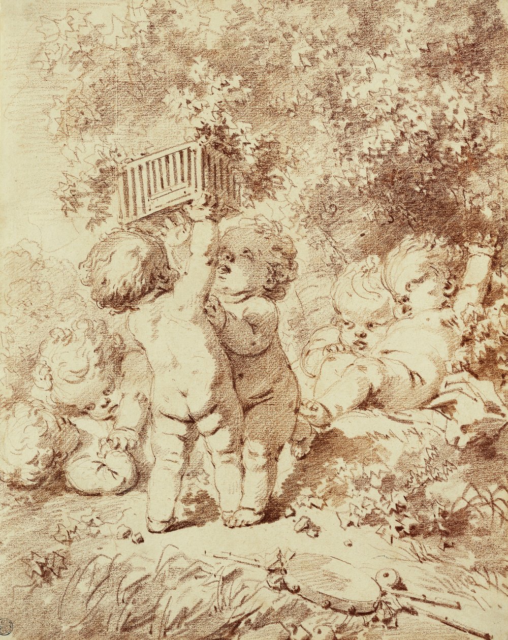 Seks putti på spill, to holder opp et bur, av Jean Honore Fragonard