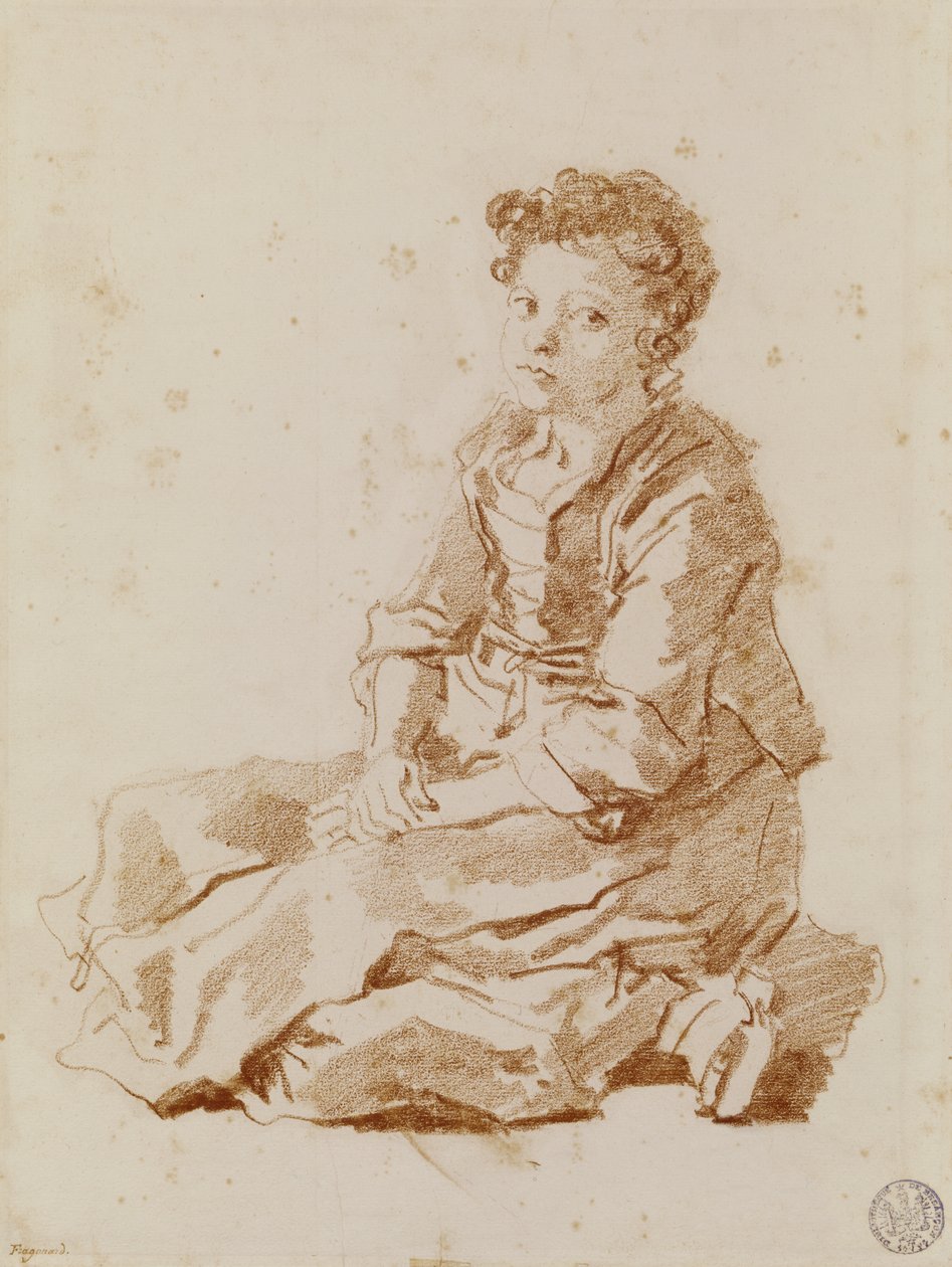Liten jente sitter på bakken (rødt kritt på papir) av Jean Honore Fragonard