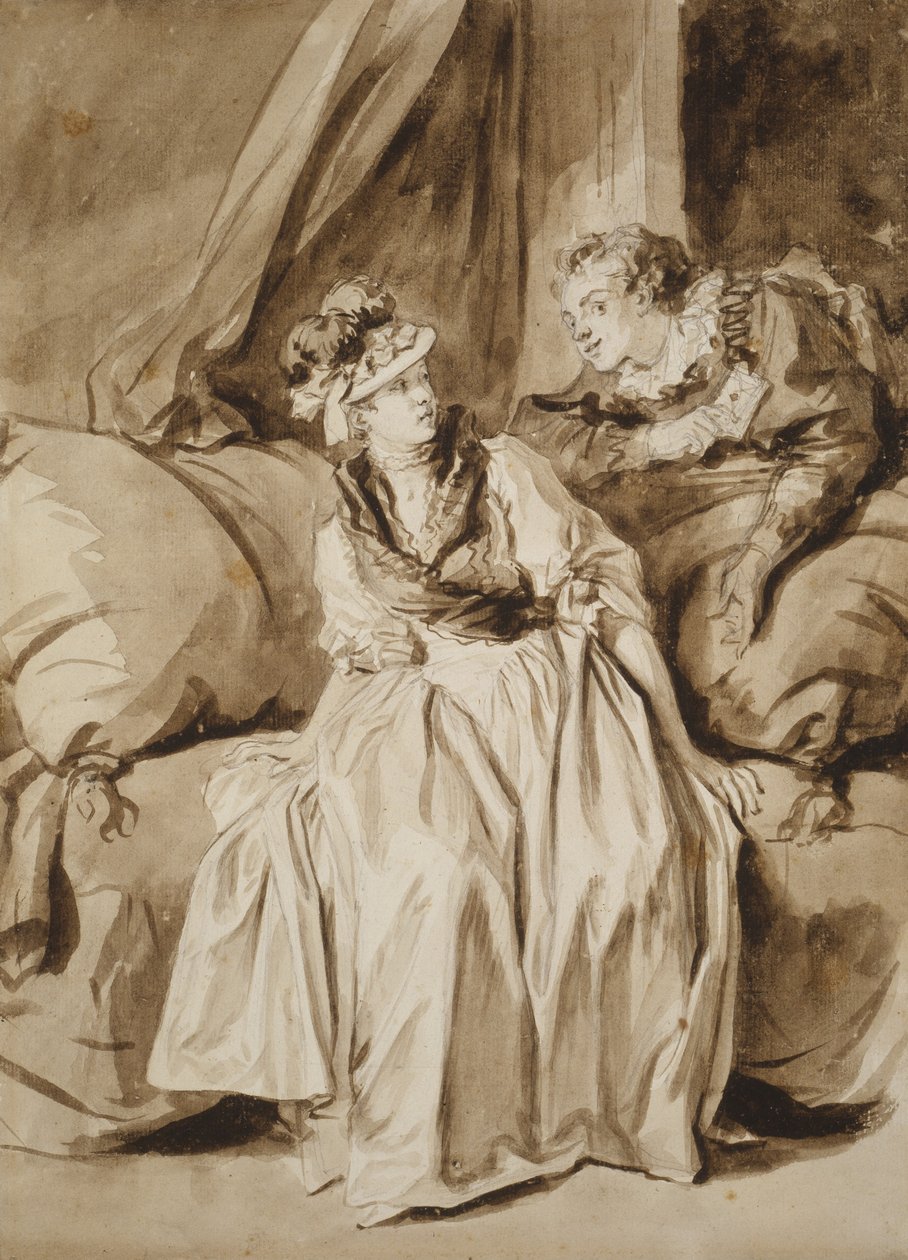 Brevet, eller den spanske samtalen, ca. 1778 (pensel og brunt blekk med brun vask og grafitt på elfenbensfarget papir) av Jean Honore Fragonard