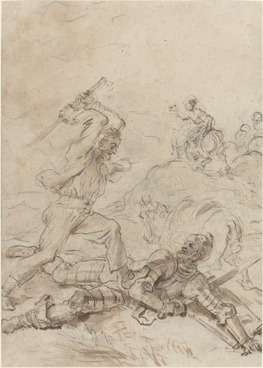 Muleteren angriper Don Quijote mens han ligger hjelpeløs på bakken av Jean Honore Fragonard