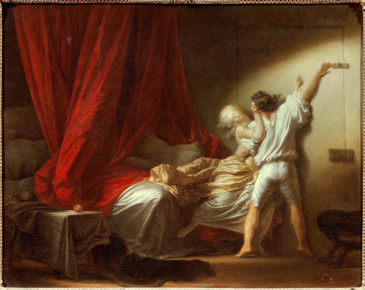 Den romantiske scenelåsen som viser en ung mann som hindrer elskerinnen hans fra å forlate soverommet i sengen. Maleri av Jean-Honore Fragonard (1732-1806) 1700-tallet. Dim. 0,73x0,93 m. av Jean Honore Fragonard