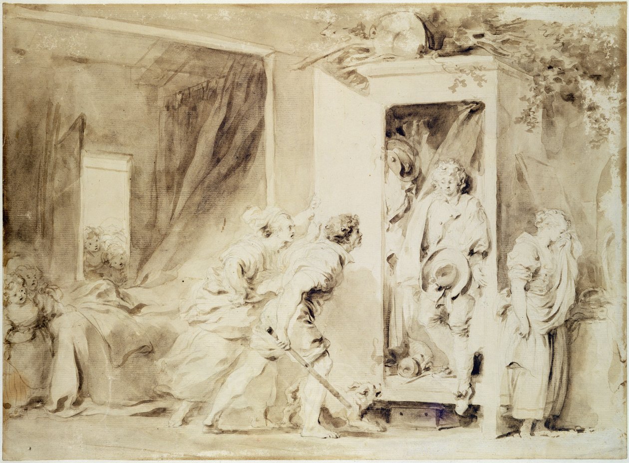 The Surprised Lover, 1755 (foreløpig tegning av brun blyant over kritt) av Jean Honore Fragonard