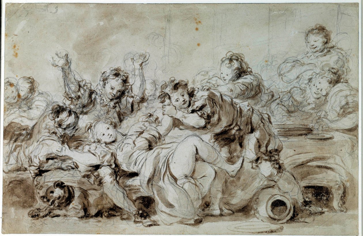 Angriperen straffet Etter "" the gascon punished"", fortelling av Jean de la Fontaine. Tegning av Jean Honore Fragonard (1732-1806) Privat samling fra 1700-tallet av Jean Honore Fragonard