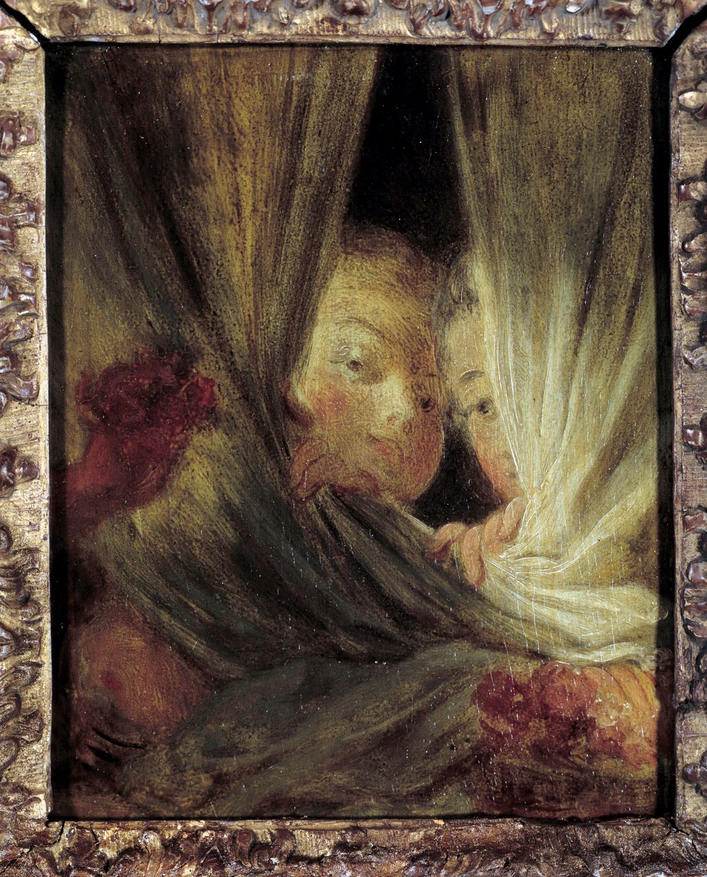 De nysgjerrige To små jentene som spionerer bak gardinene. Maleri av Jean-Honore Fragonard (1732-1806) 1700-tallets søn. 0,16x0,12 m. av Jean Honore Fragonard