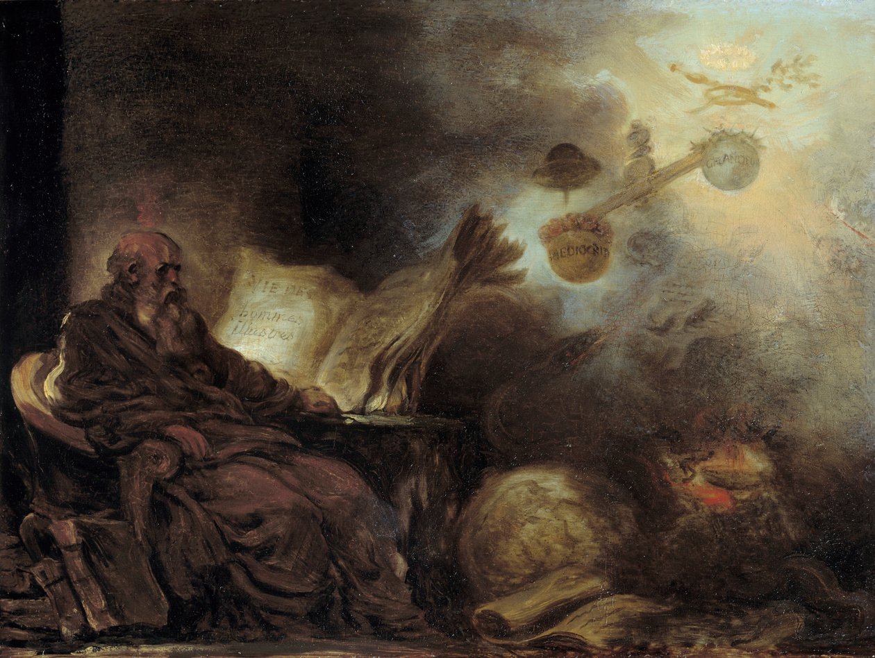 Drømmen om Plutarch eller Plutarch som utgjør livet til berømte menn. Den gamle mannen er representert i meditasjon. Maleri av Jean Honore Fragonard (1732-1806) av Jean Honore Fragonard