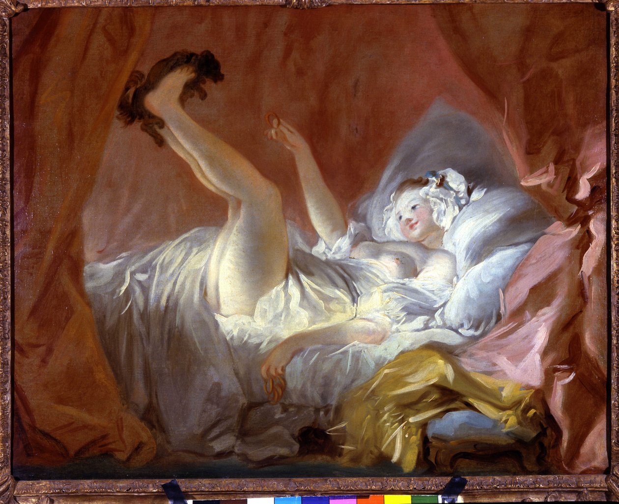Gimbletten. Gimbletten er et bakverk i form av ringer. Jenta leker liggende på sengen med en hund ved å gi henne denne kaken. Maleri av Jean Honore Fragonard (1732-1806), Paris Fond Cailleux av Jean Honore Fragonard