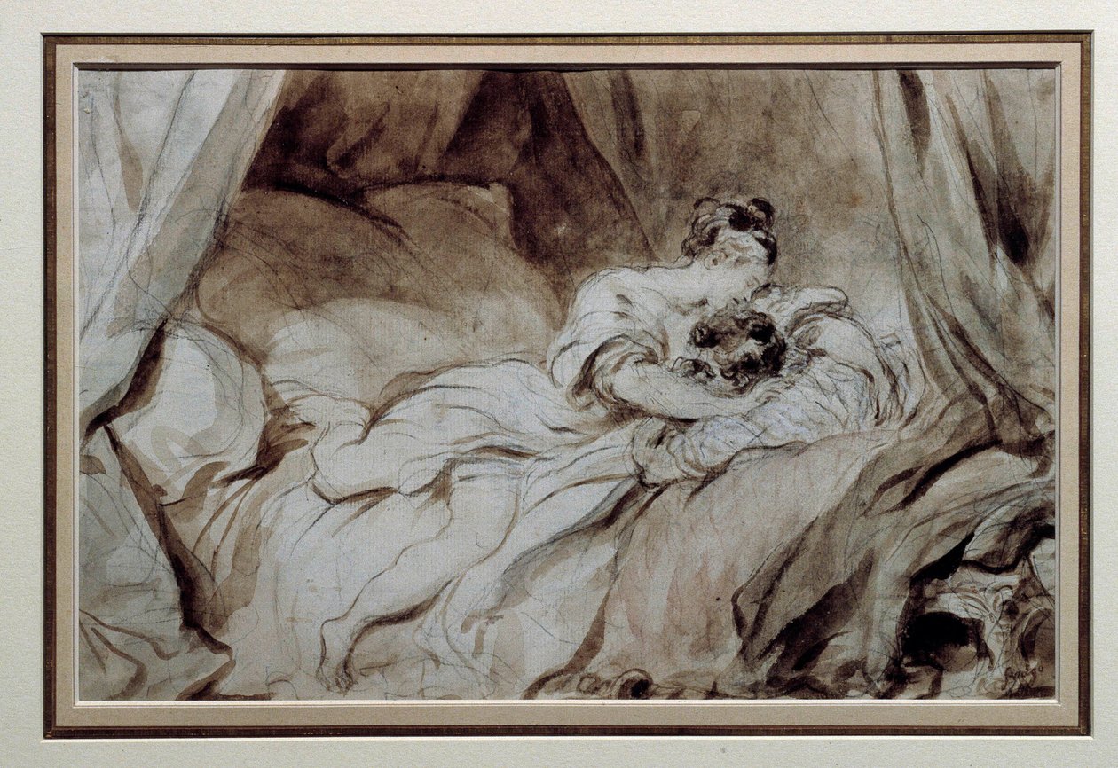 Det lykkelige øyeblikket Et par som stryker hverandre i en seng. Tegning i Bistre Wash av Jean Honore Fragonard (1732-1806) Privatsamling fra 1700-tallet av Jean Honore Fragonard