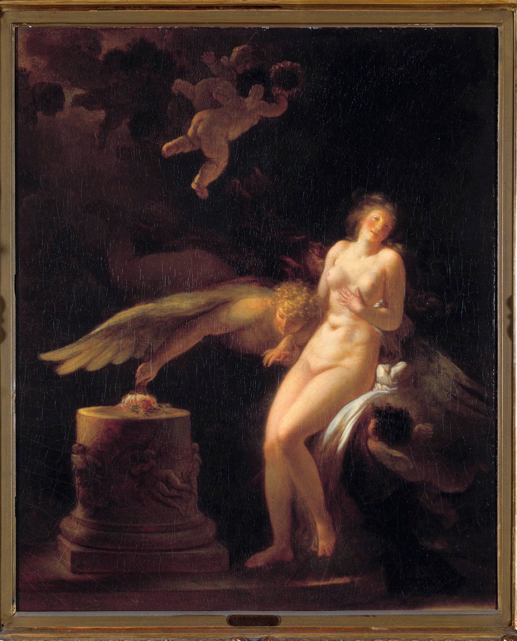 Rosens offer En naken ung kvinne foran et offeralter hvor det er lagt en rose (hennes jomfru?) og en skapning ailee. Maleri av Jean Honore Fragonard (1732-1806). Privat samling fra 1700-tallet av Jean Honore Fragonard
