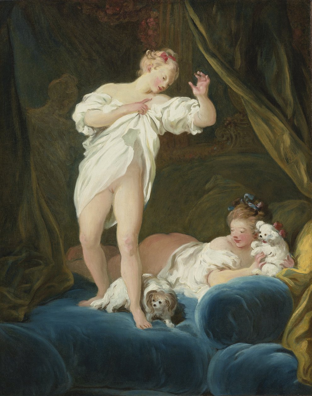 To jenter på en seng som leker med hundene sine av Jean Honore Fragonard