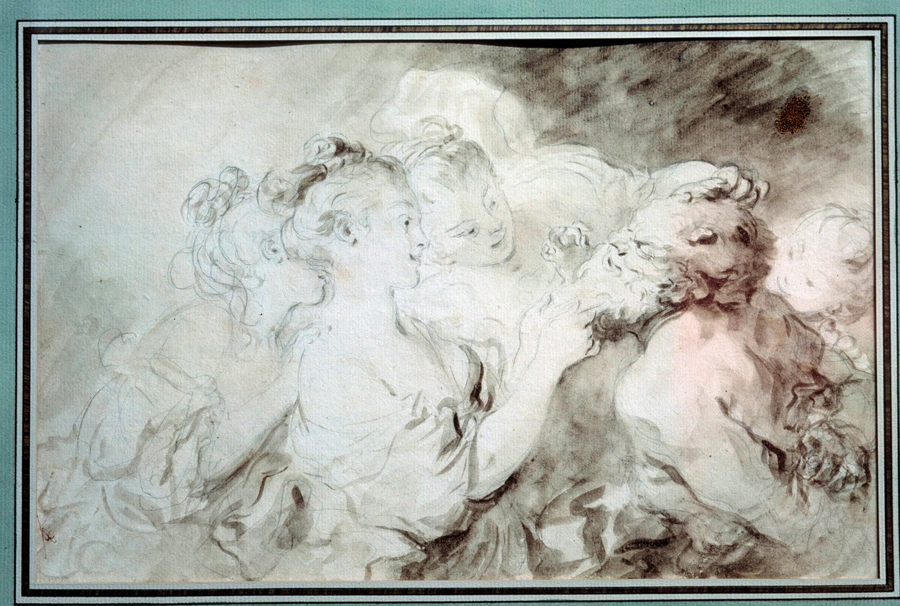 Unge jenter som bryter med en satyr Unge kvinner har det gøy med et satyrskjegg. Tegning i Bistre Wash av Jean Honore Fragonard (1732-1806) Privatsamling fra 1700-tallet av Jean Honore Fragonard