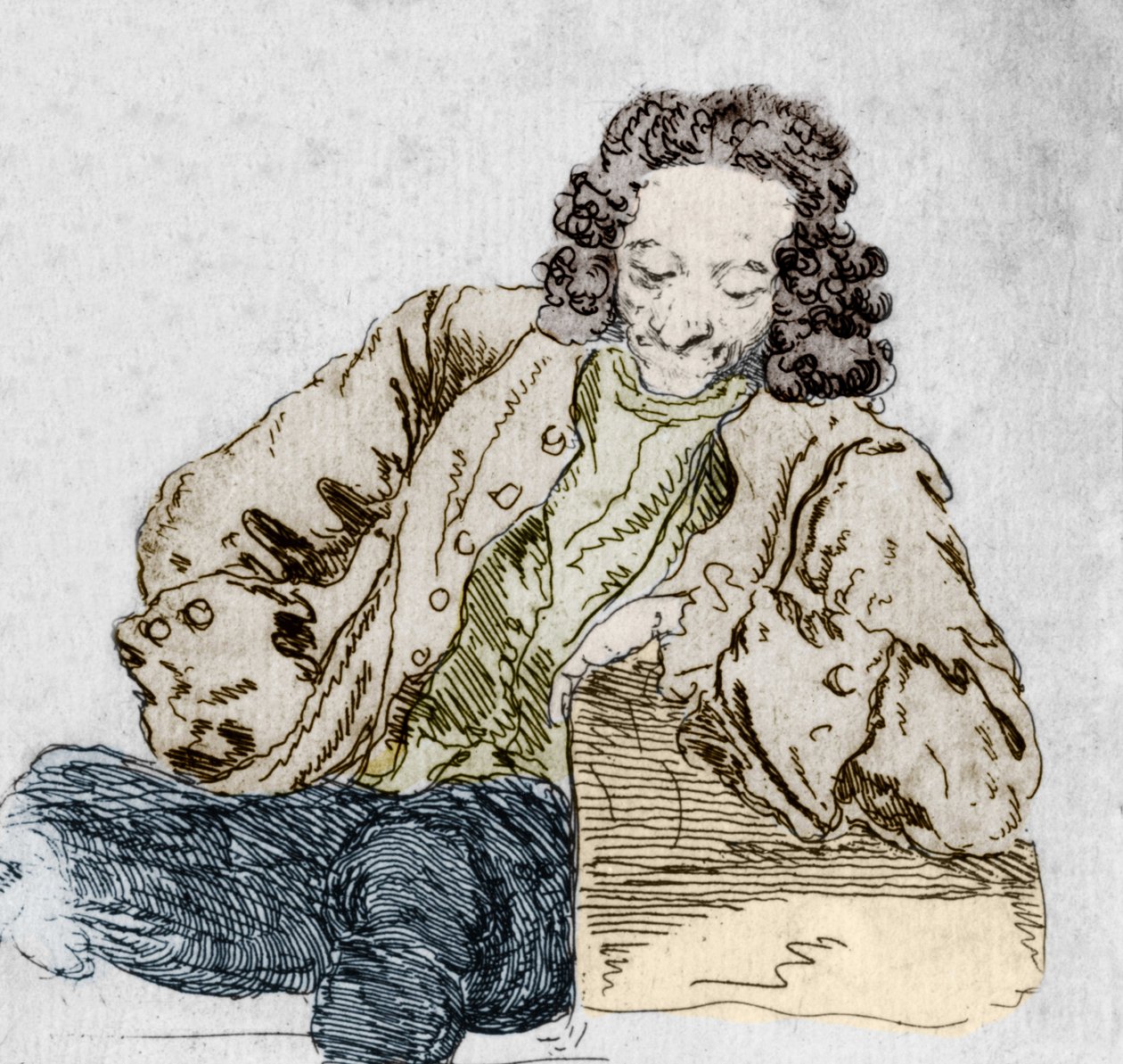 Portrett av Francois Marie Arouet, denne Voltaire (1694-1778) detalj etter "forskjellige fysiognomier av Voltaire", av Huber. av Jean Huber
