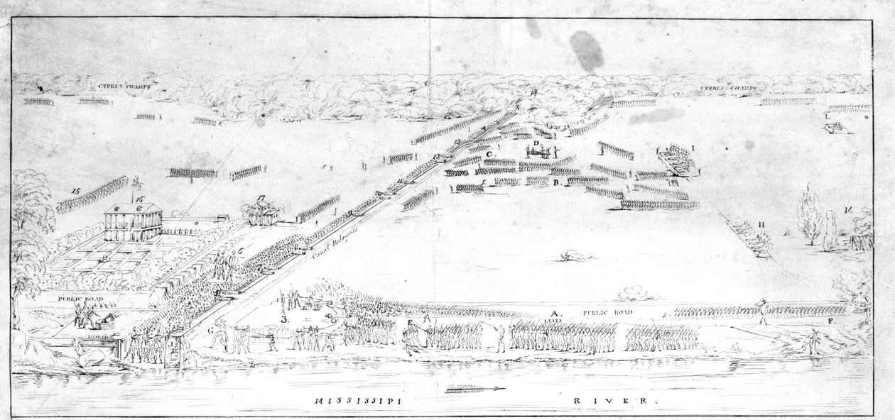 Utsikt over slaget nær Chalmettes plantasje, 8. januar 1815. av Jean Hyacinthe Laclotte