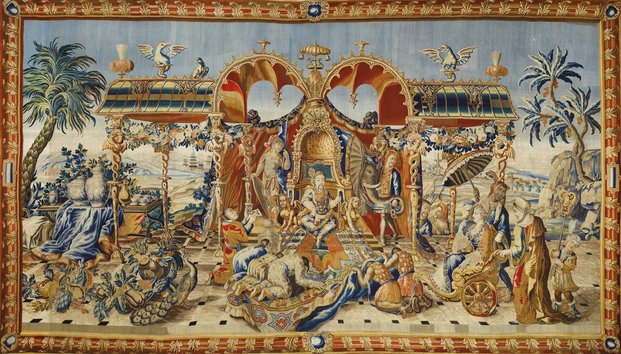 Publikum til den kinesiske keiseren. Tapetet av Jean II Barraband (aktivt på 1700-tallet), silkeull og gull- og sølvtråd, ca. 1715. Fransk kunst av Jean II Barraband