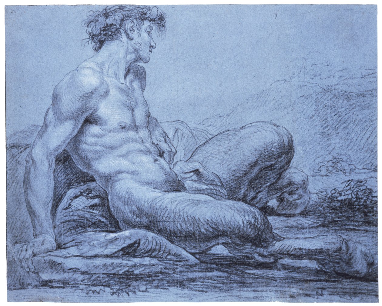 En sittende faun, ca. 1755-57 (svart-hvitt kritt på blått papir) av Jean II Restout