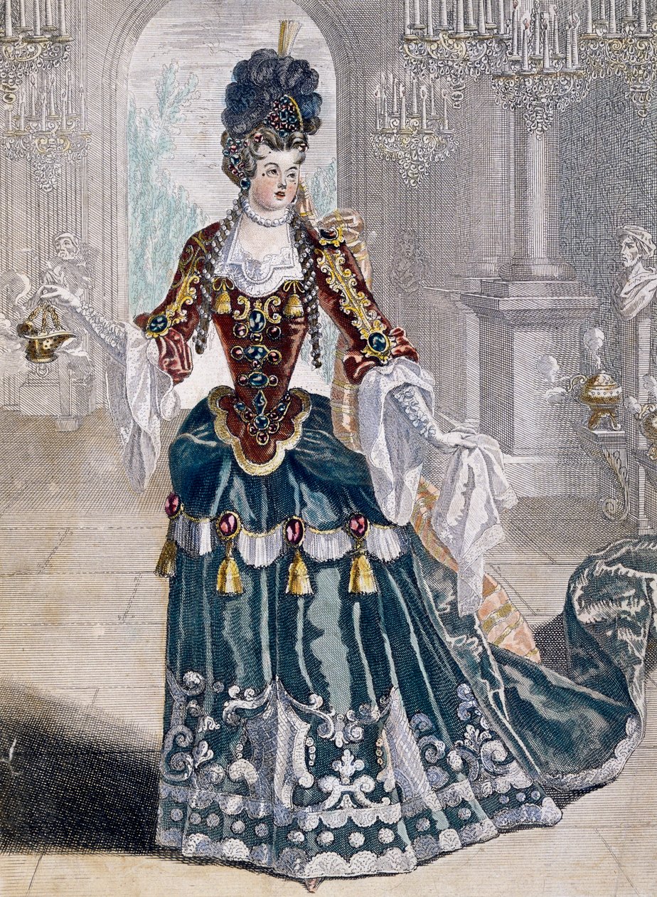 Portrett av Mademoiselle Desmatins (1682-1708), musiker ved Opera, gravering av Jean Berain av Jean I  Berain