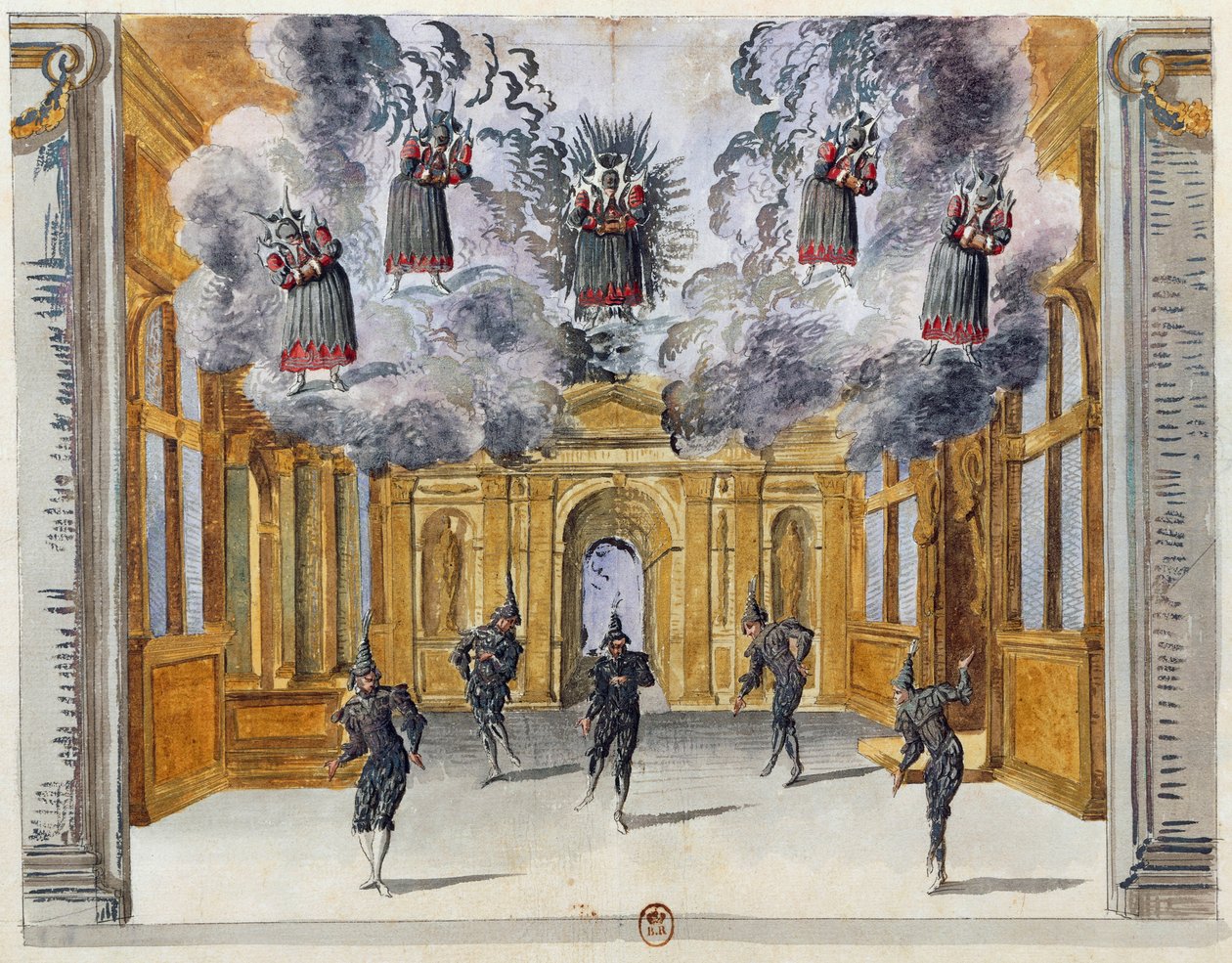 Scenografi av Jean Berain den eldre (1640-1711) for Le feste di Amore e di Bacco (The Celebrations of Love and Bacchus), ballett av Jean-Baptiste Lully (1632-1687), fremført på Palais-Royal i Paris, 15. november av Jean I  Berain