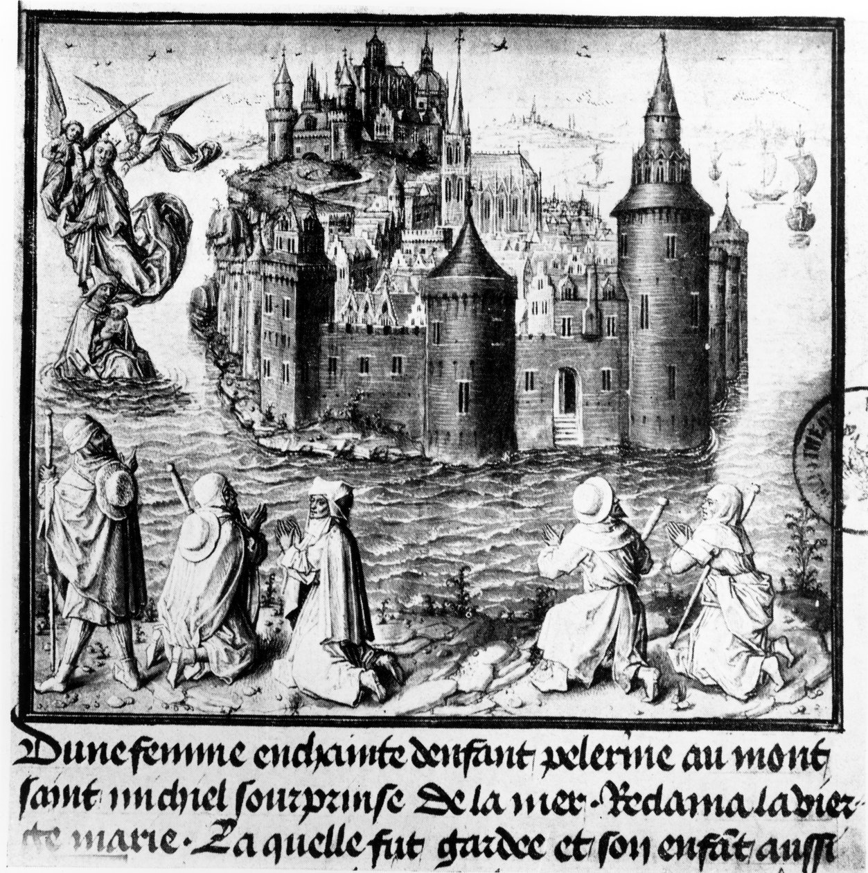 Gravid kvinne på pilegrimsreise til Mont Saint-Michel blir fanget av tidevannet, men reddes mirakuløst gjennom inngripen fra Jomfru Maria av Jean I Le Tavernier