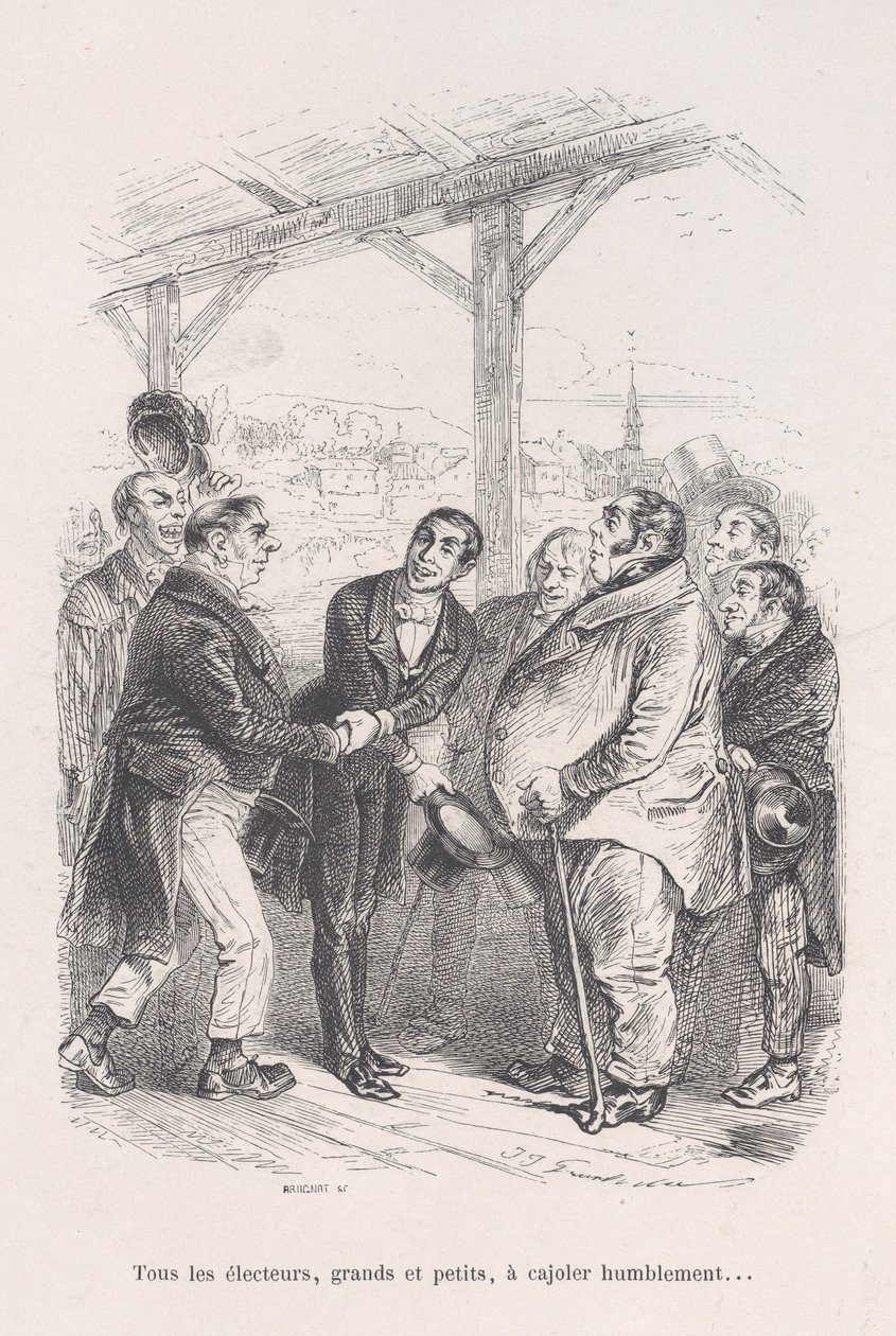 Alle velgere, store og små, samles for å ydmykt lokke hverandre... fra Little Miseries of..., 1843. av Jean Ignace Isidore Gérard