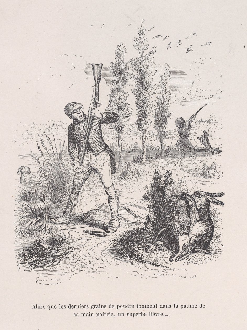 Mens de siste pulverkornene faller inn i håndflaten på den svarte hånden hans, en fantastisk hare... fr..., 1843. av Jean Ignace Isidore Gérard