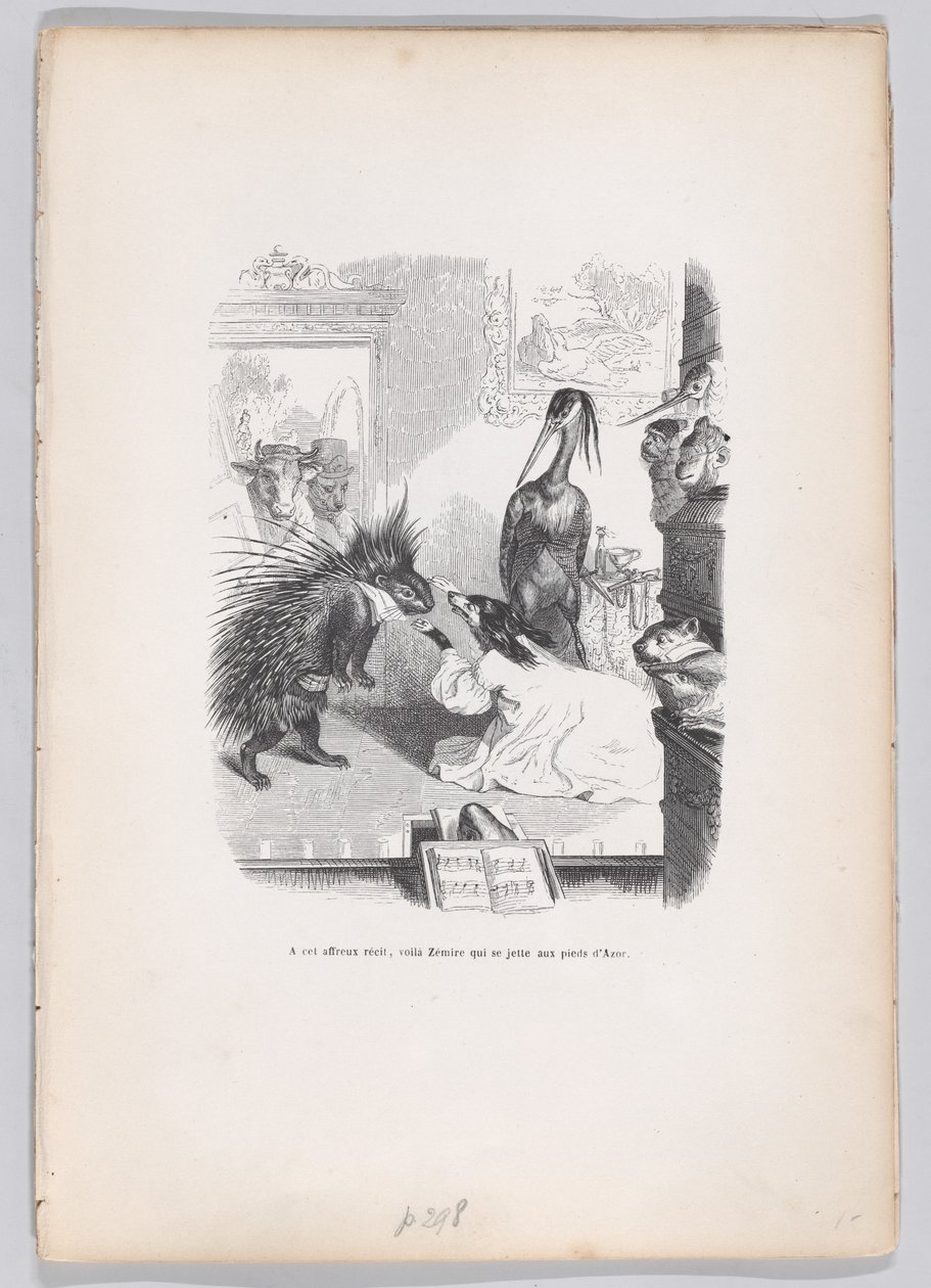 Ved denne skremmende historien kaster Zemire seg for Azors føtter fra Scener fra ..., ca. 1837-47. av Jean Ignace Isidore Gérard