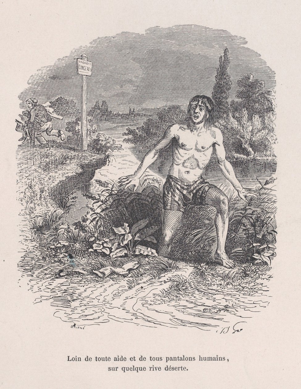 Bort fra all hjelp og uten bukser, på en øde kyst fra Little Miseries of H..., 1843. av Jean Ignace Isidore Gérard