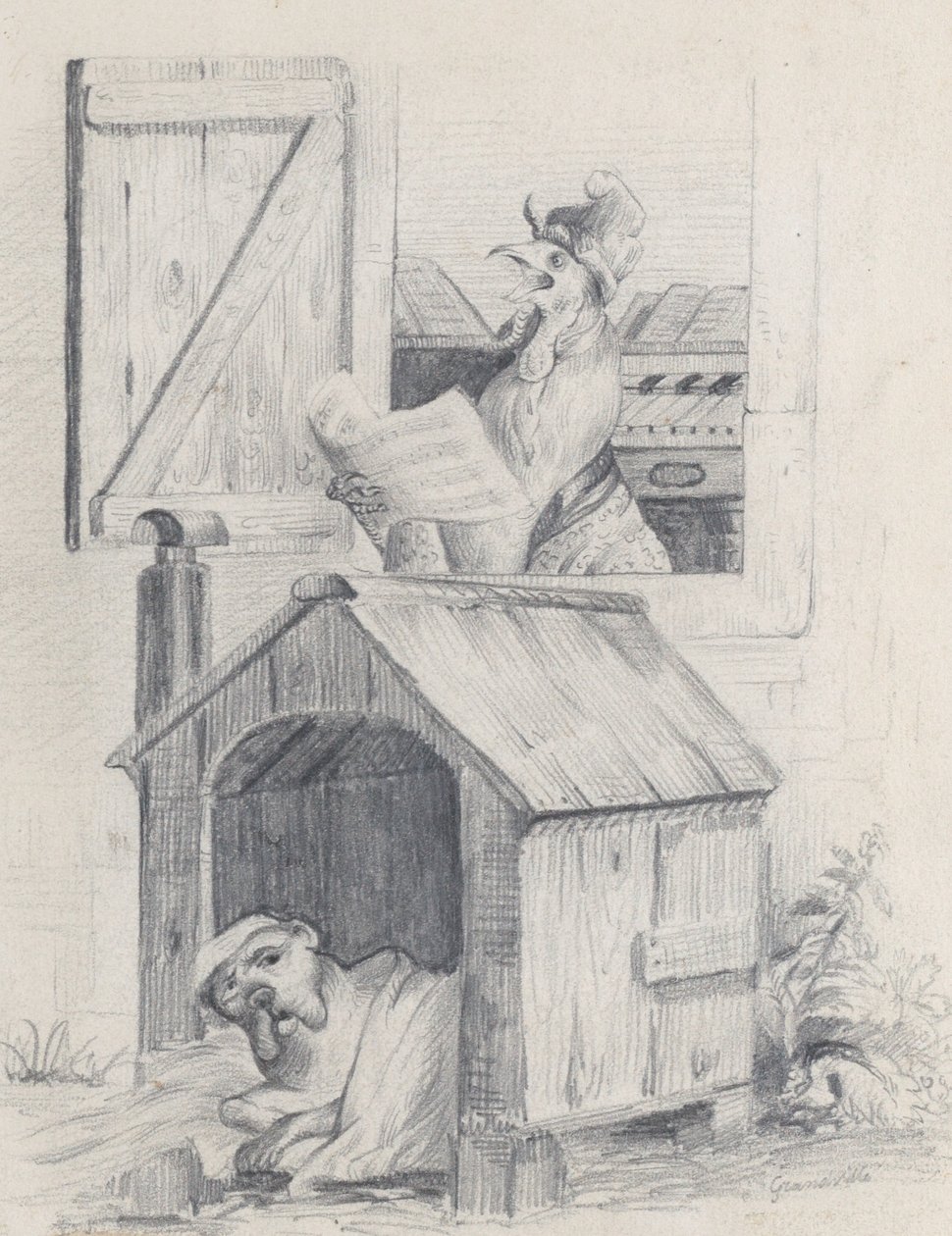 Hund i hundehuset, hanen synger ved vinduet, ca. 1842. av Jean Ignace Isidore Gérard
