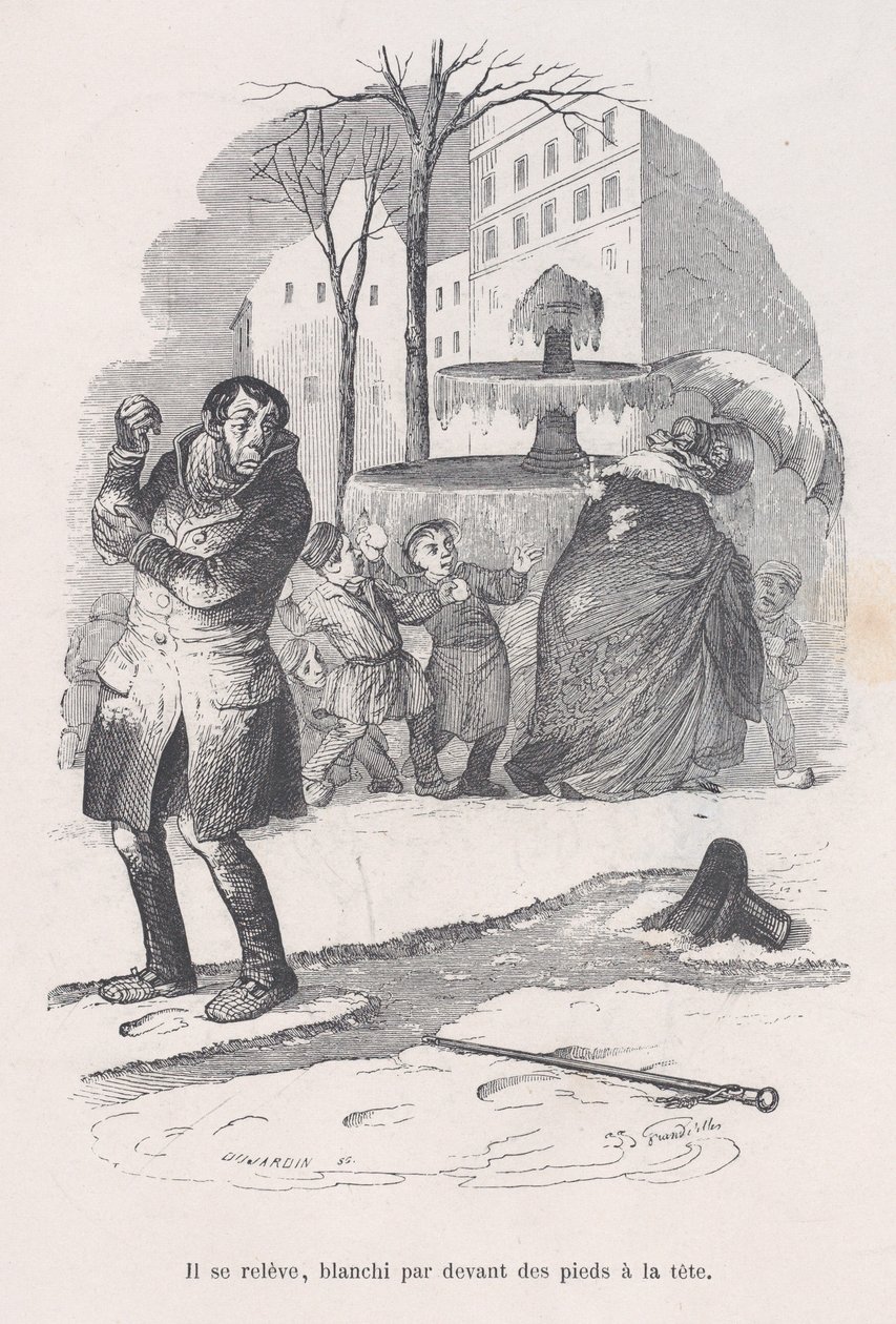 Han reiser seg, dekket fra topp til tå av snø. fra The Little Miserie of Human Life, 1843. av Jean Ignace Isidore Gérard