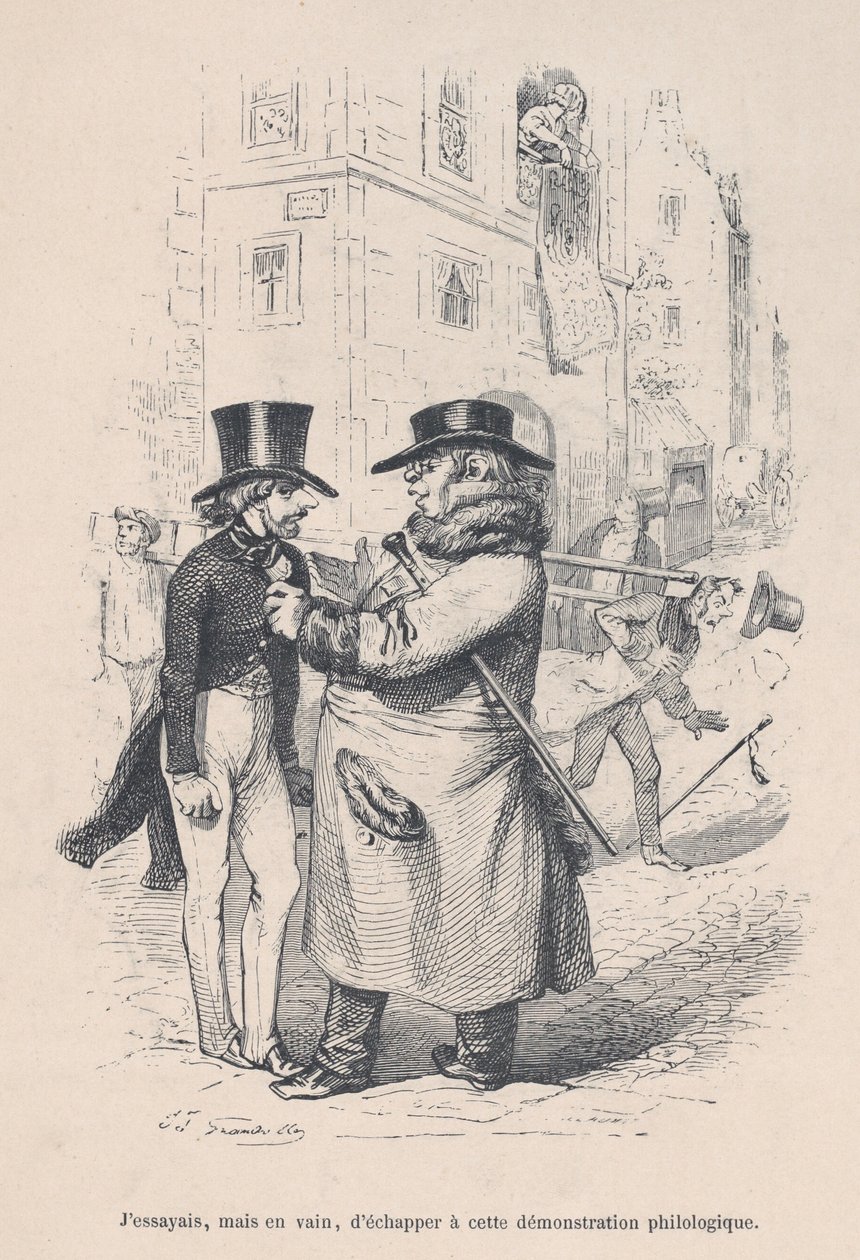 Jeg prøvde å flykte fra denne filologiske diskusjonen. fra The Little Miserie of Human Lif..., 1843. av Jean Ignace Isidore Gérard