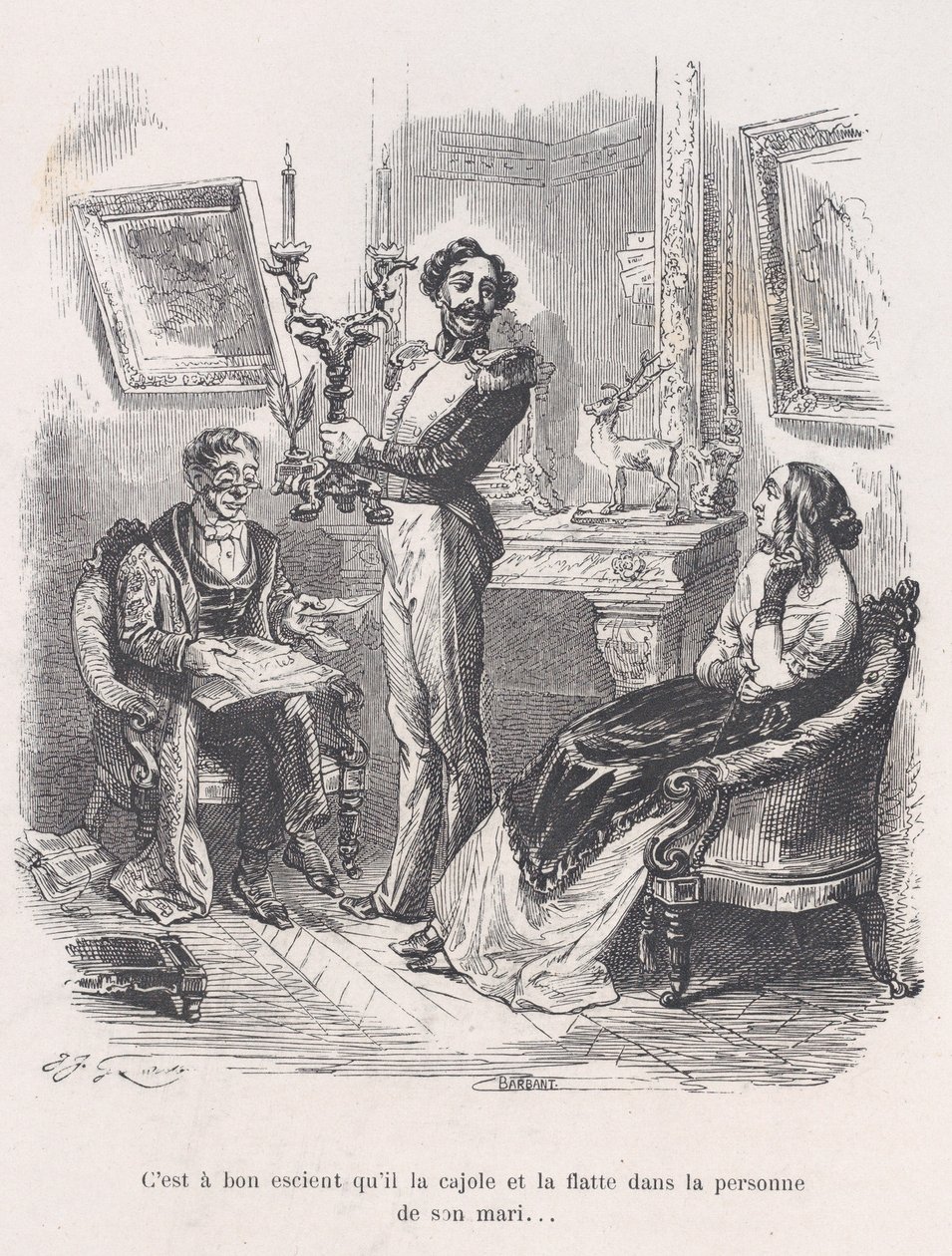 Det er bra at han lokker og smigrer henne foran mannen hennes. fra den lille miseri..., 1843. av Jean Ignace Isidore Gérard