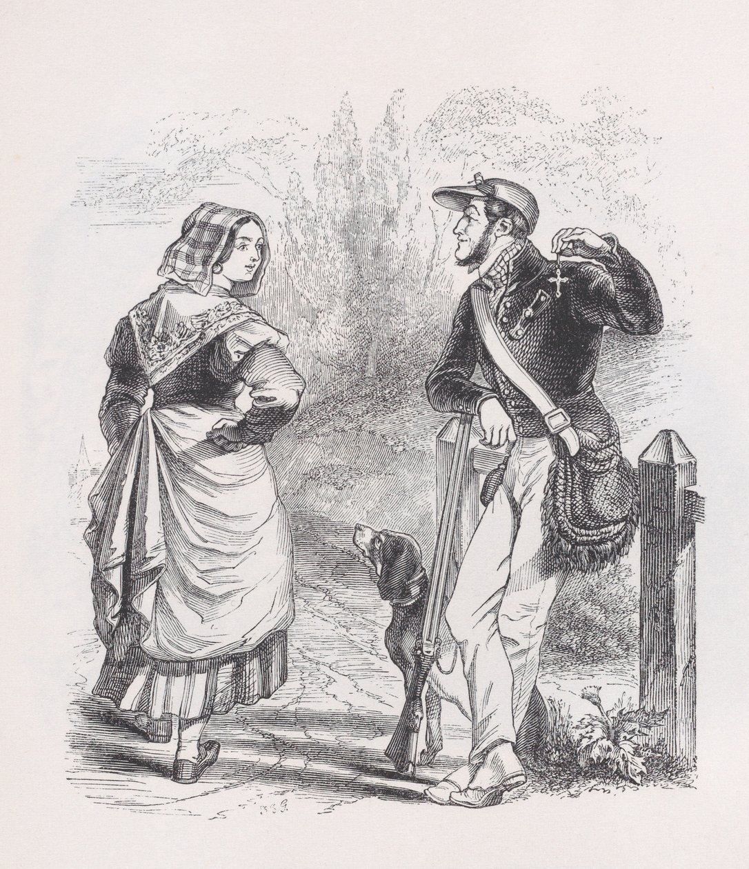 The Hunter and the Milkmaid fra The Complete Works of Béranger, 1836. av Jean Ignace Isidore Gérard
