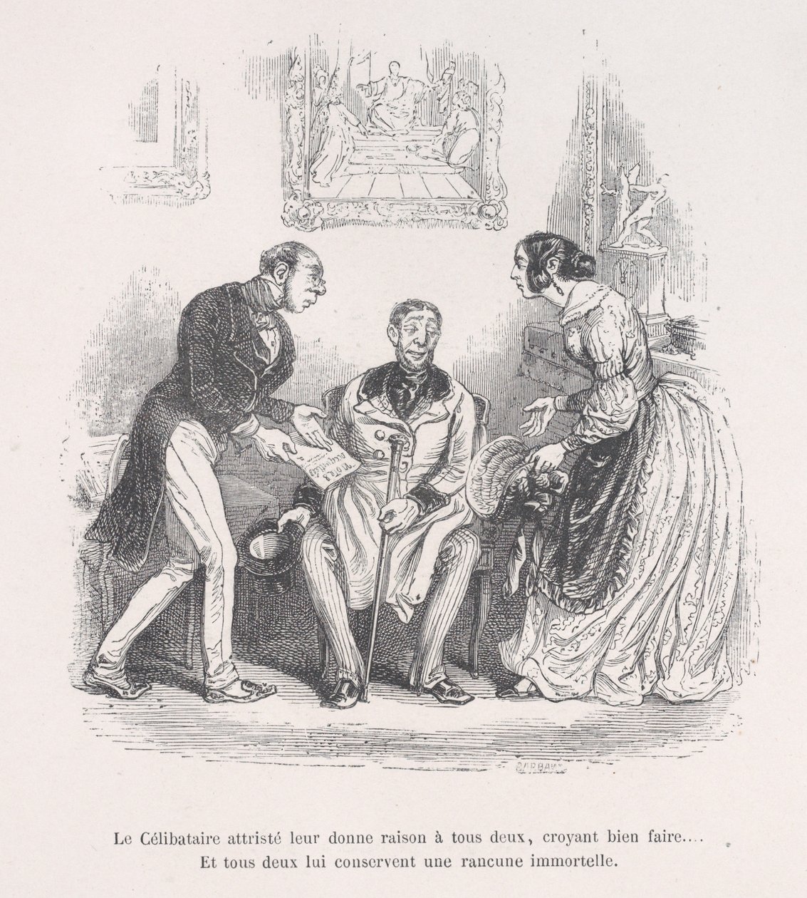 Den sørgende enken gir dem begge rett til å gjøre det godt... Og de beholder begge en evighet..., 1843. av Jean Ignace Isidore Gérard