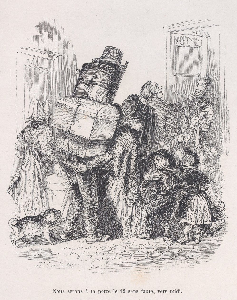 Vi står på døren ved middagstid uten feil. fra The Little Miserie of Human Life, 1843. av Jean Ignace Isidore Gérard