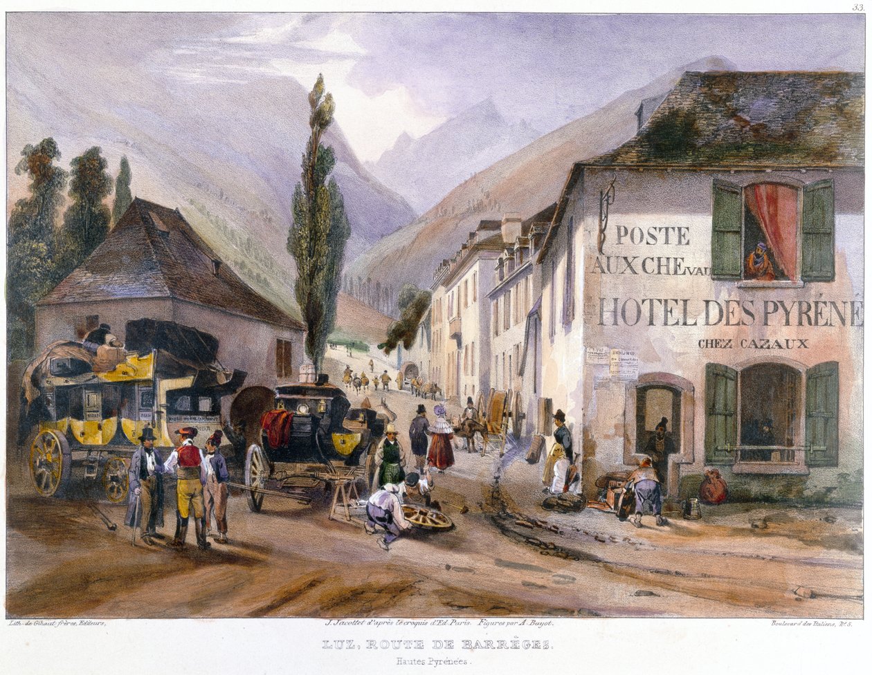 Ankomst og reparasjon av en diligens ved Luz på veien til Barreges, ca. 1840 av Jean Jacottet
