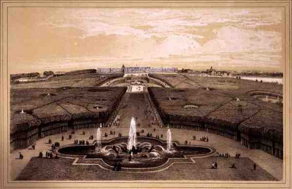 Generell utsikt over parken og palasset i Versailles, utgitt av Auguste Bry (litho) av Jean Jacottet