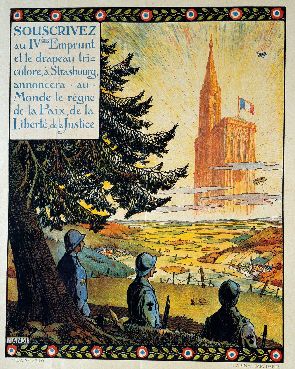 Første verdenskrig: "Abonner på det fjerde lånet og tricolor flagget, i Strasbourg, vil kunngjøre for verden gjenopprettelsen av fred, frihet og rettferdighet" (plakat) av Jean Jacques (1873 1951) Waltz