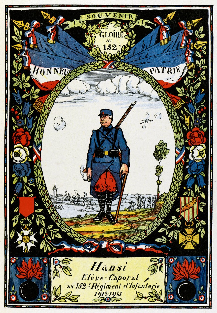 L'alsace Heureé ; Hansi, elevkorporal ved 152. infanteriregiment; av Jean Jacques (1873 1951) Waltz
