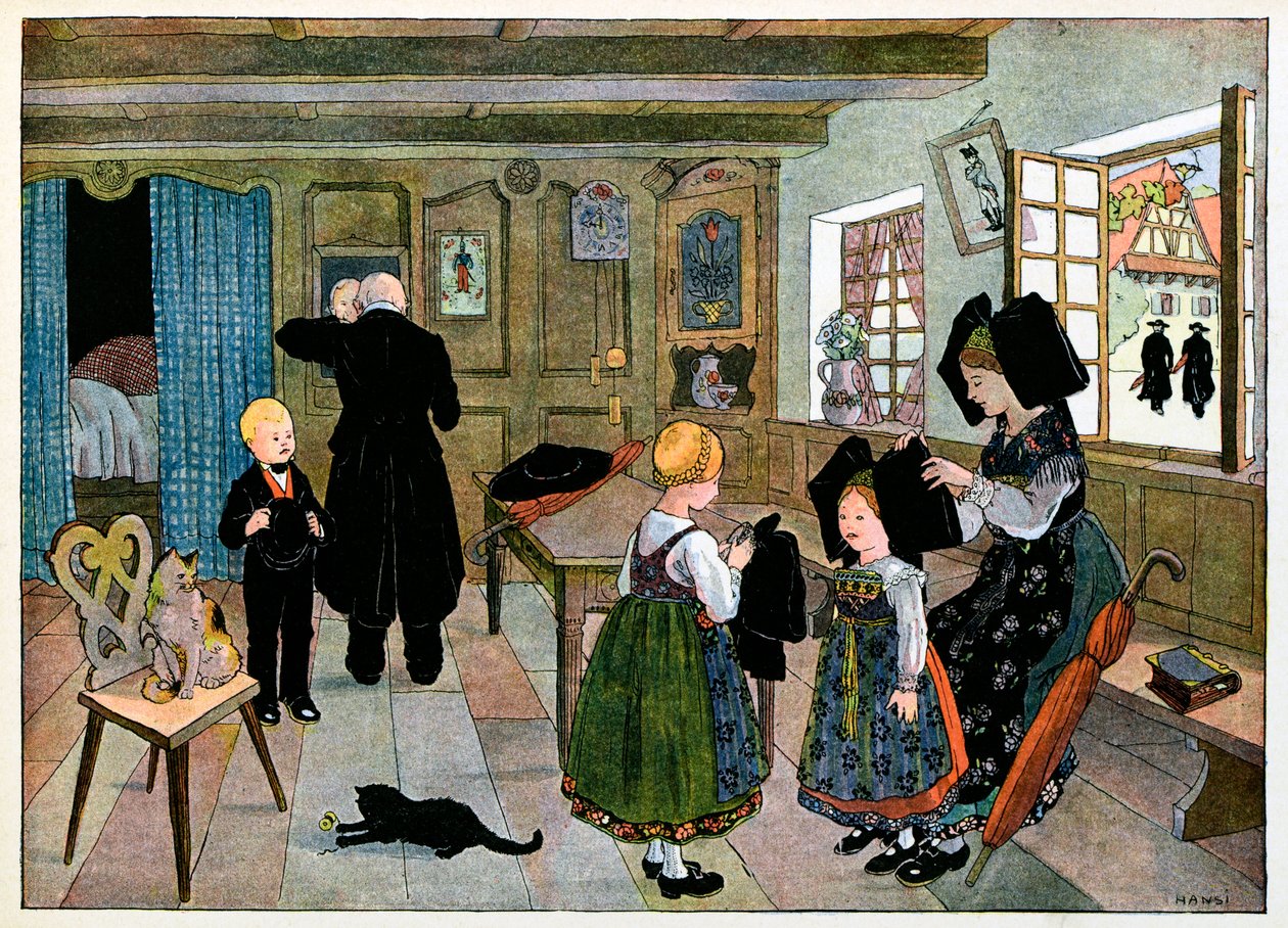 Landsbyen min, de som ikke glemmer: Søndag morgen, forberedelse til kirken; av Jean Jacques (1873 1951) Waltz