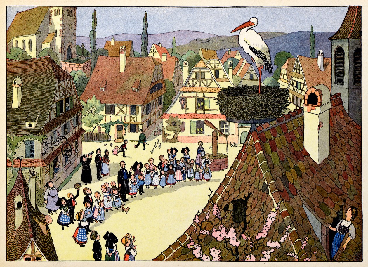 Min landsby, de som ikke glemmer: Storkens ankomst; av Jean Jacques (1873 1951) Waltz