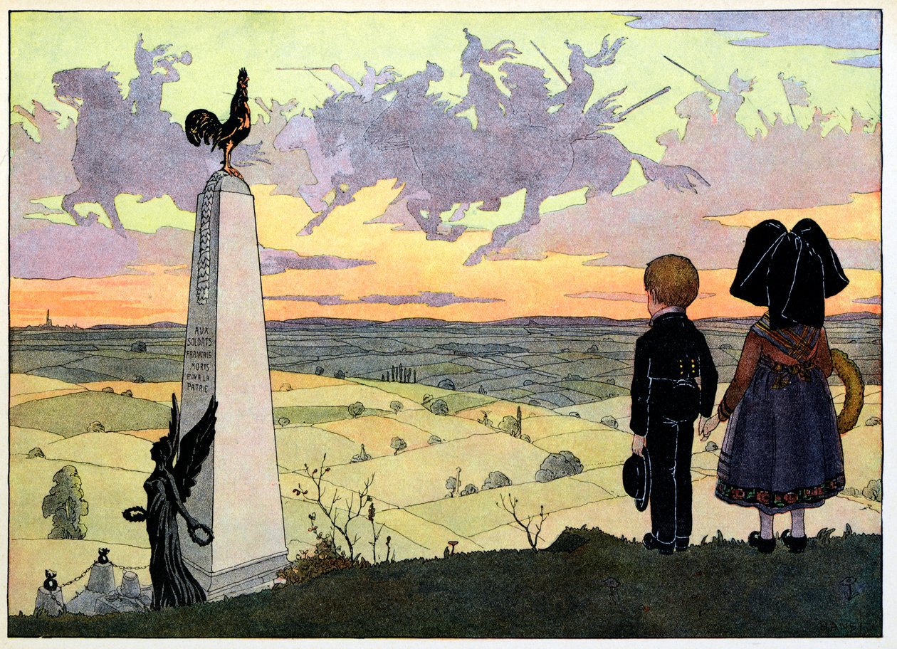 Landsbyen min, de som ikke glemmer: Slagmarken (Geisbergmonumentet med de to Spinnerbarna som poserer for Hansi); av Jean Jacques (1873 1951) Waltz