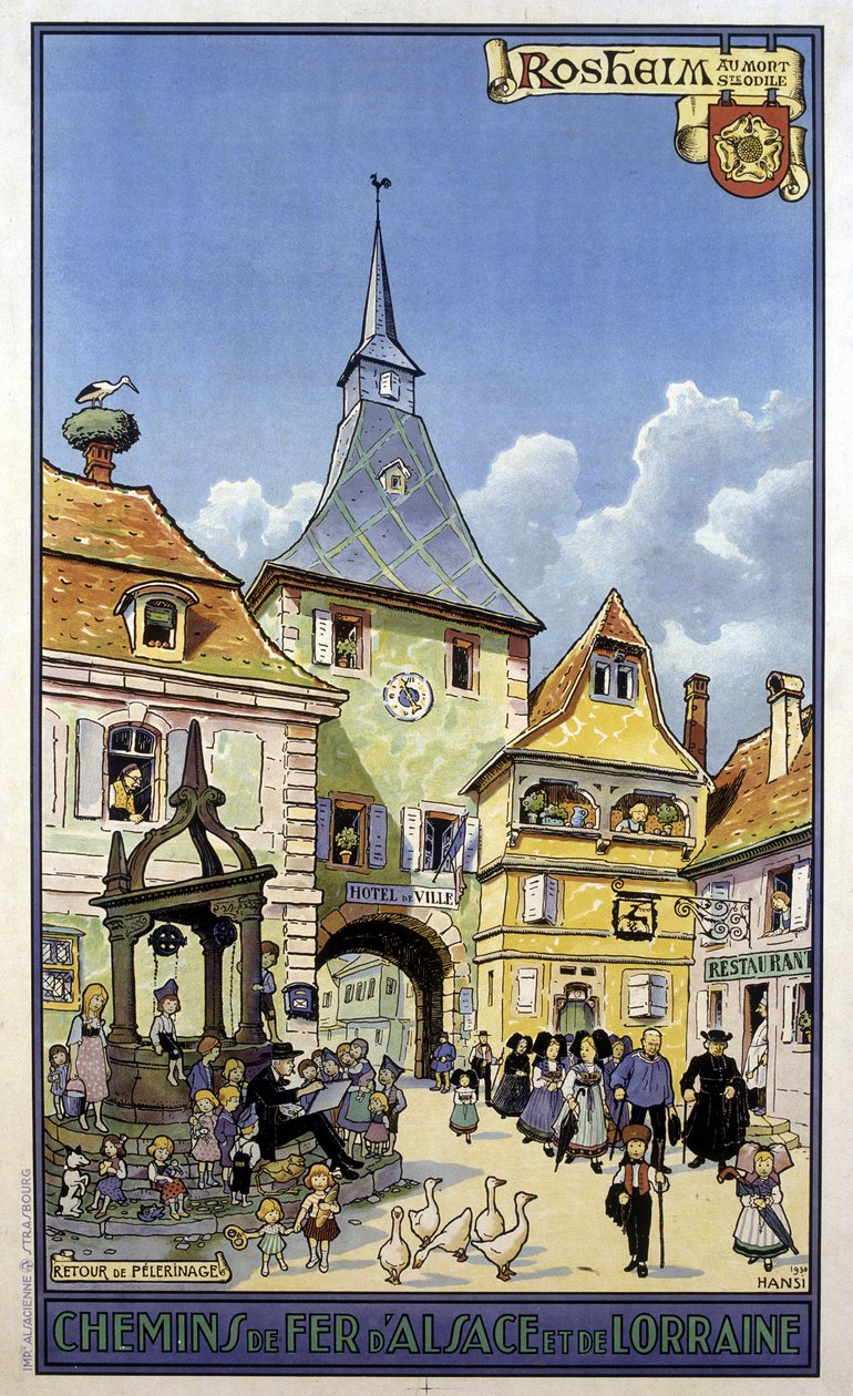 Retur av pilegrimsreise fra Mont Sainte Odile til Rosheim - Plakat av jernbanene i Alsace og Lorraine, av Hansi av Jean Jacques (1873 1951) Waltz