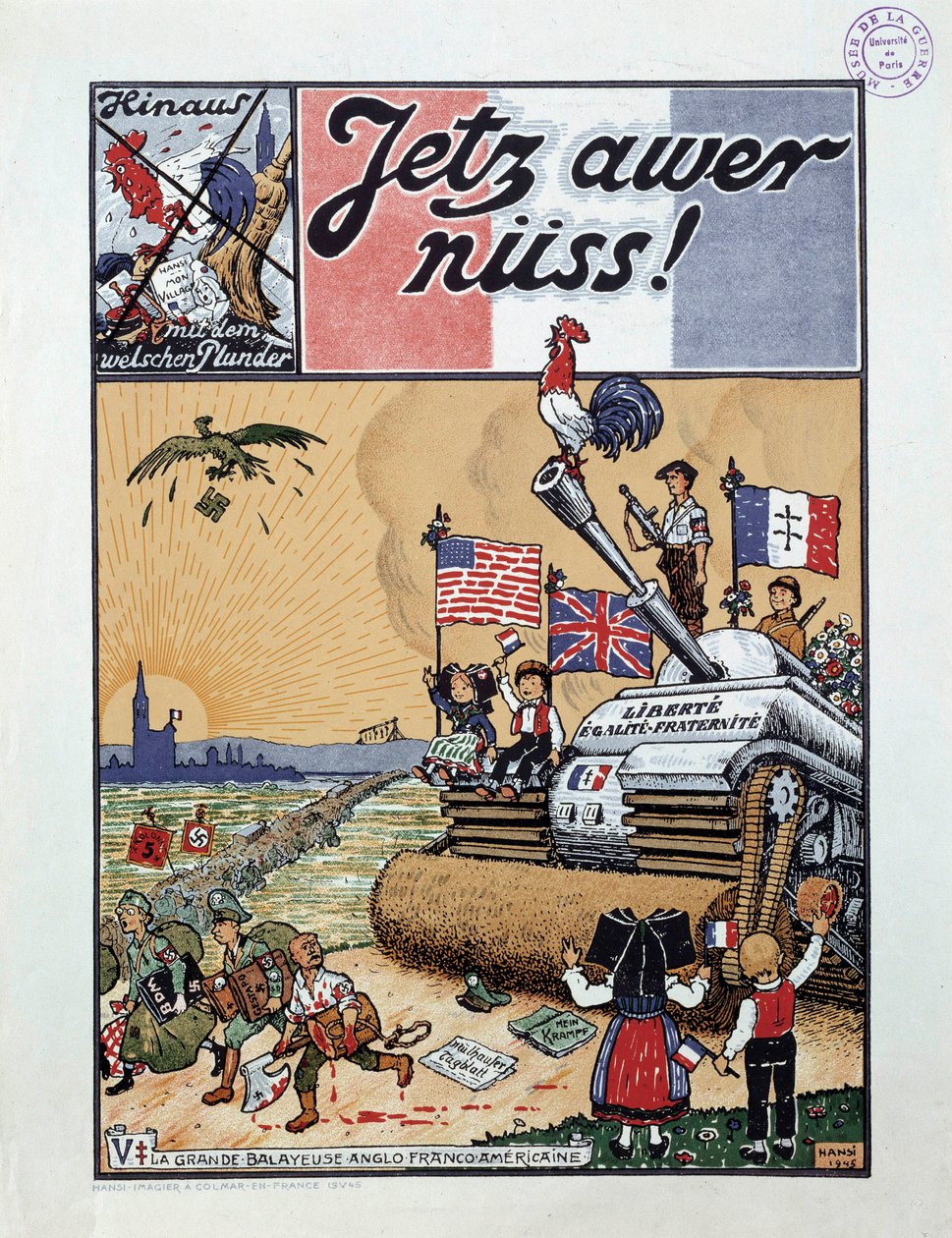 Den store fransk-amerikanske anglo-sweeperen En av magasinet 'Jetz awer nuss' som representerer en angrepstank av allierte som jager tyskere fra Alsace på slutten av den andre krigen av Jean Jacques (1873 1951) Waltz